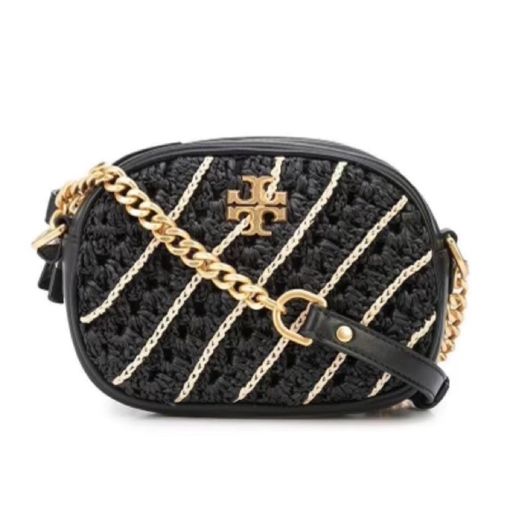 Tory Burch Black and Gold Kira Crochet Small Camera Bag